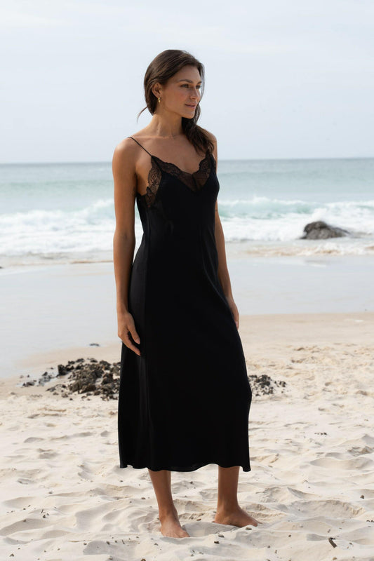 Freya silk slip in Black by LILLY PILLY - side angle
