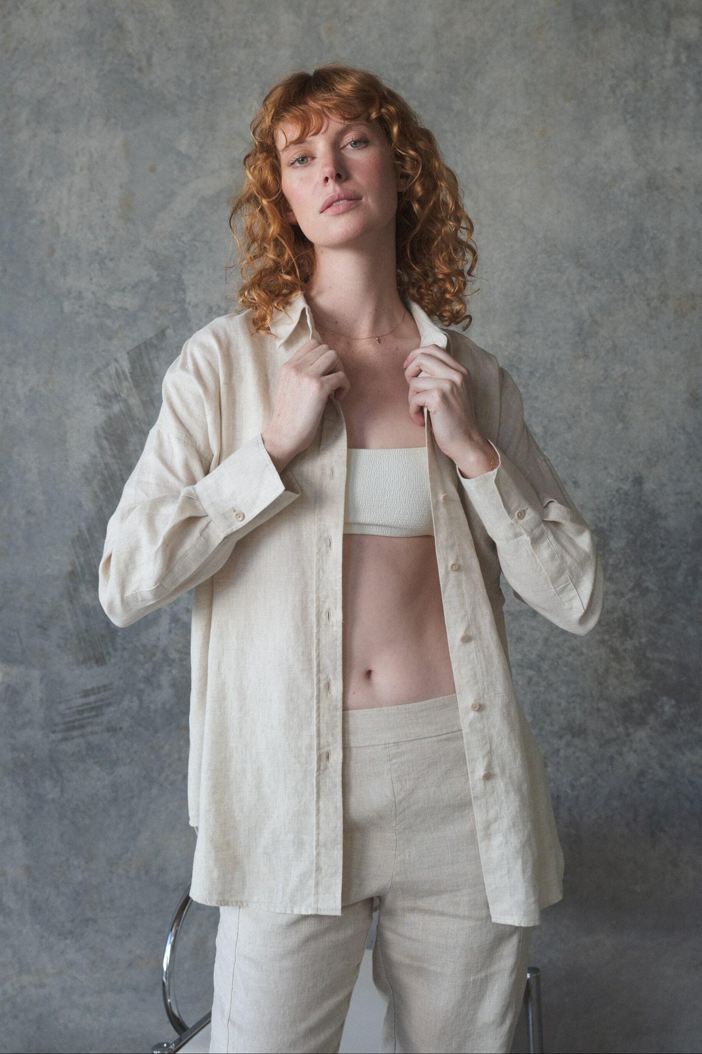 Lilly Pilly Collection Kirra shirt made from 100% Organic linen in Oatmeal