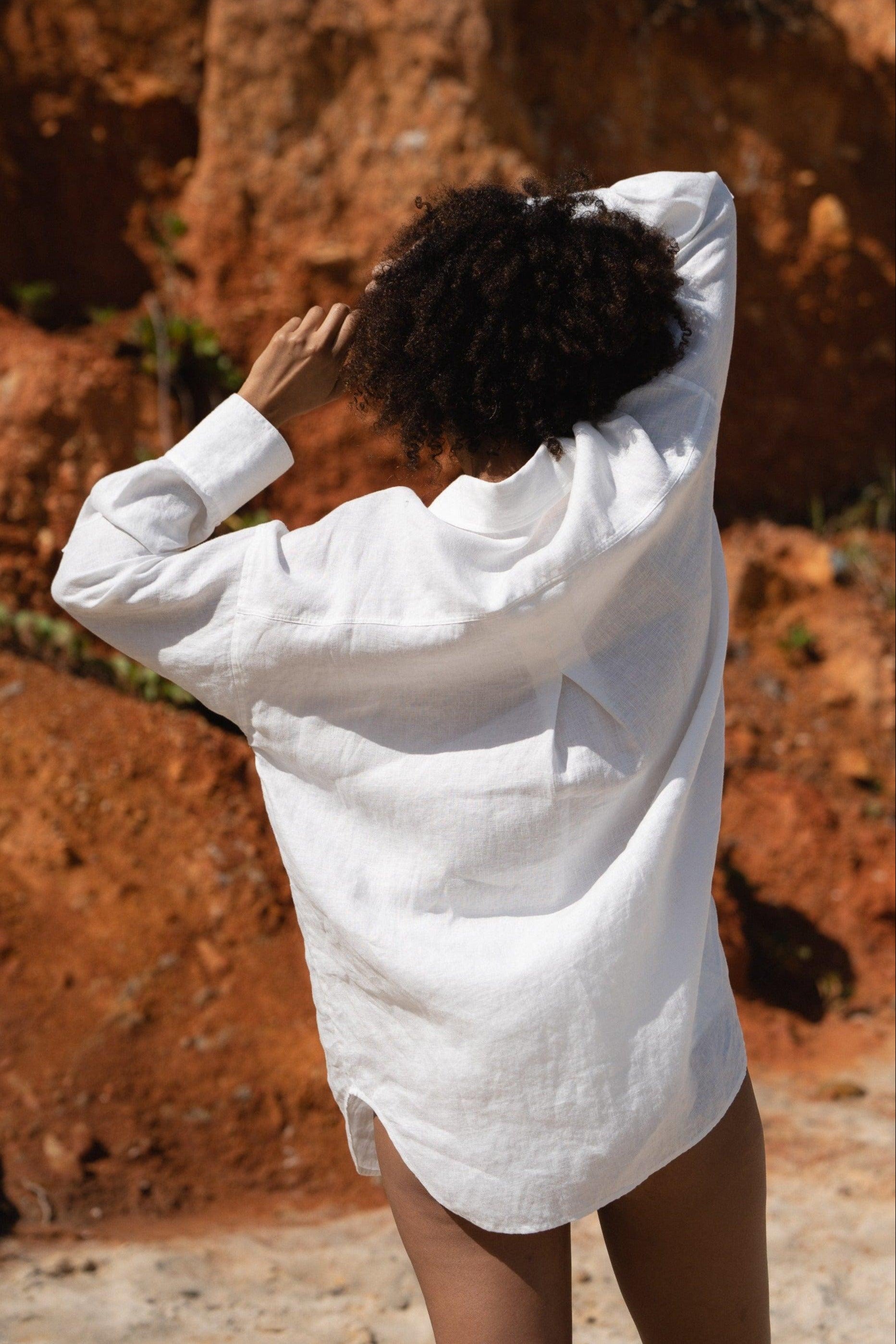 Lilly Pilly Collection Kirra shirt made from European linen in Ivory back view