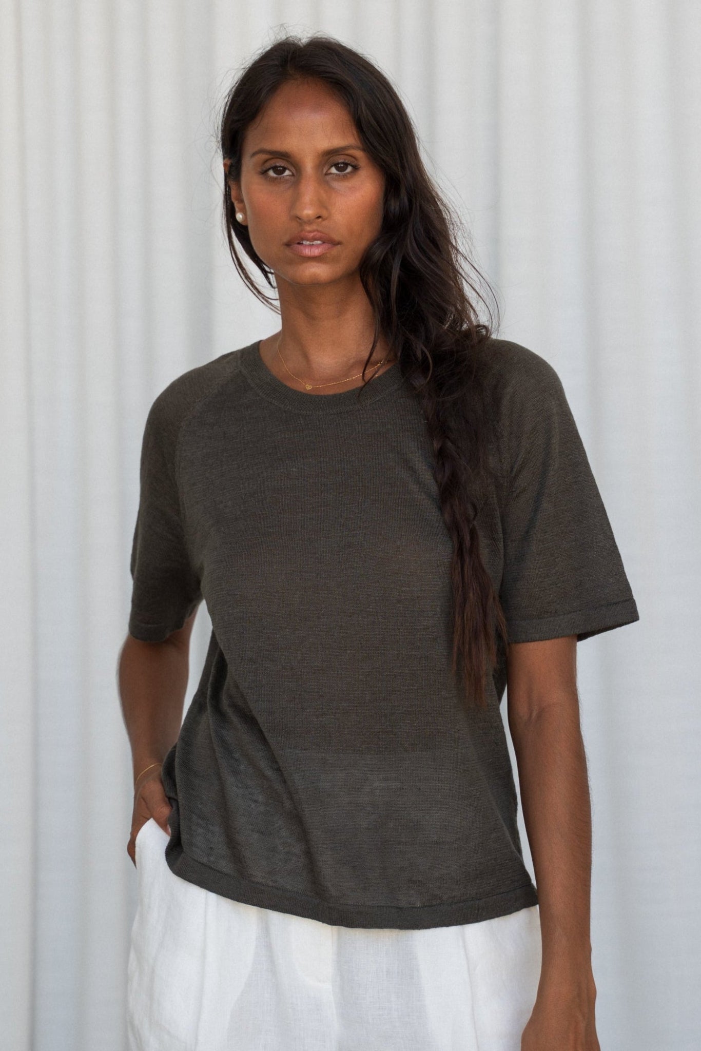 GRACE KHAKI LINEN KNIT TOP