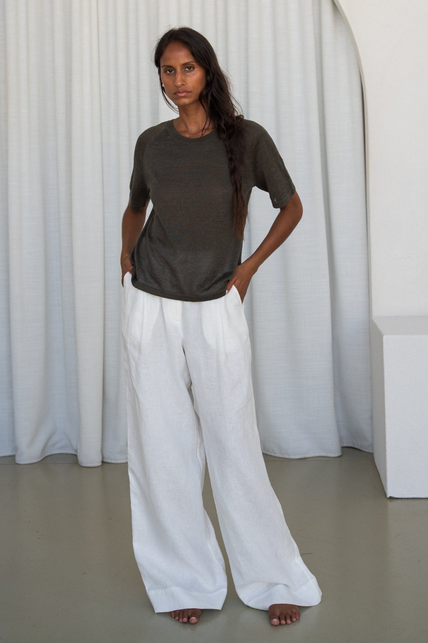 GRACE KHAKI LINEN KNIT TOP