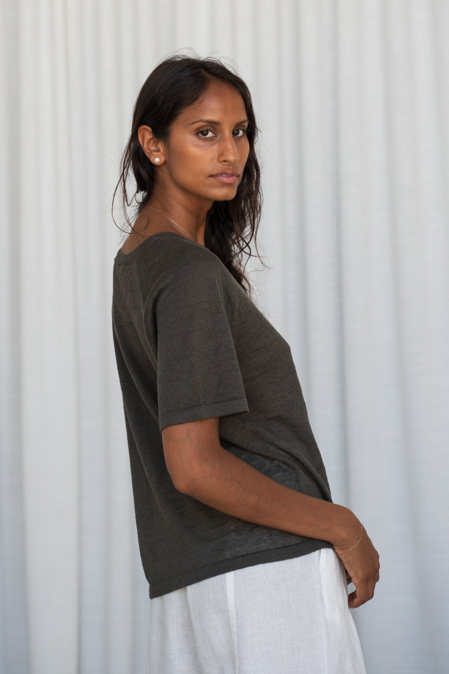 GRACE KHAKI LINEN KNIT TOP