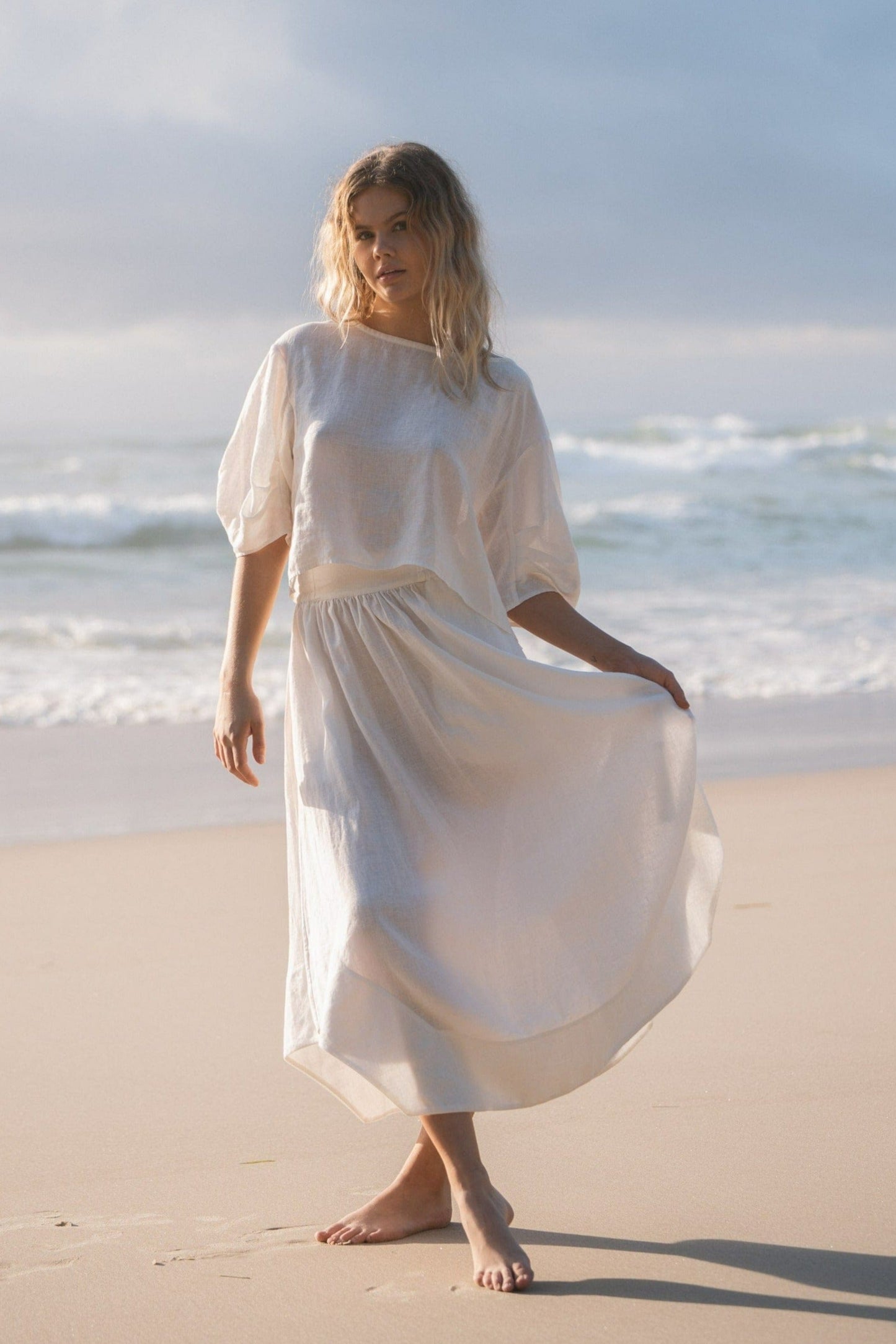 Lilly Pilly Collection Hannah skirt made from 100% Organic linen in Ivory