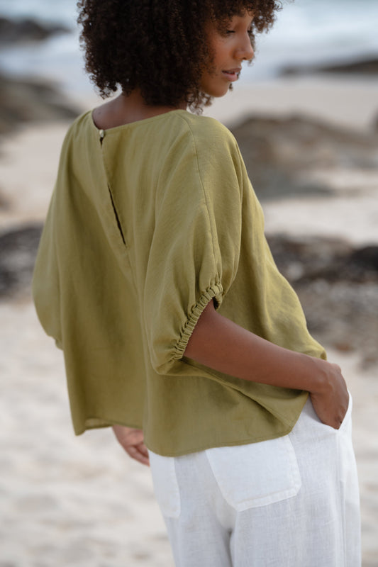 LILLY PILLY Tina linen top in Olive