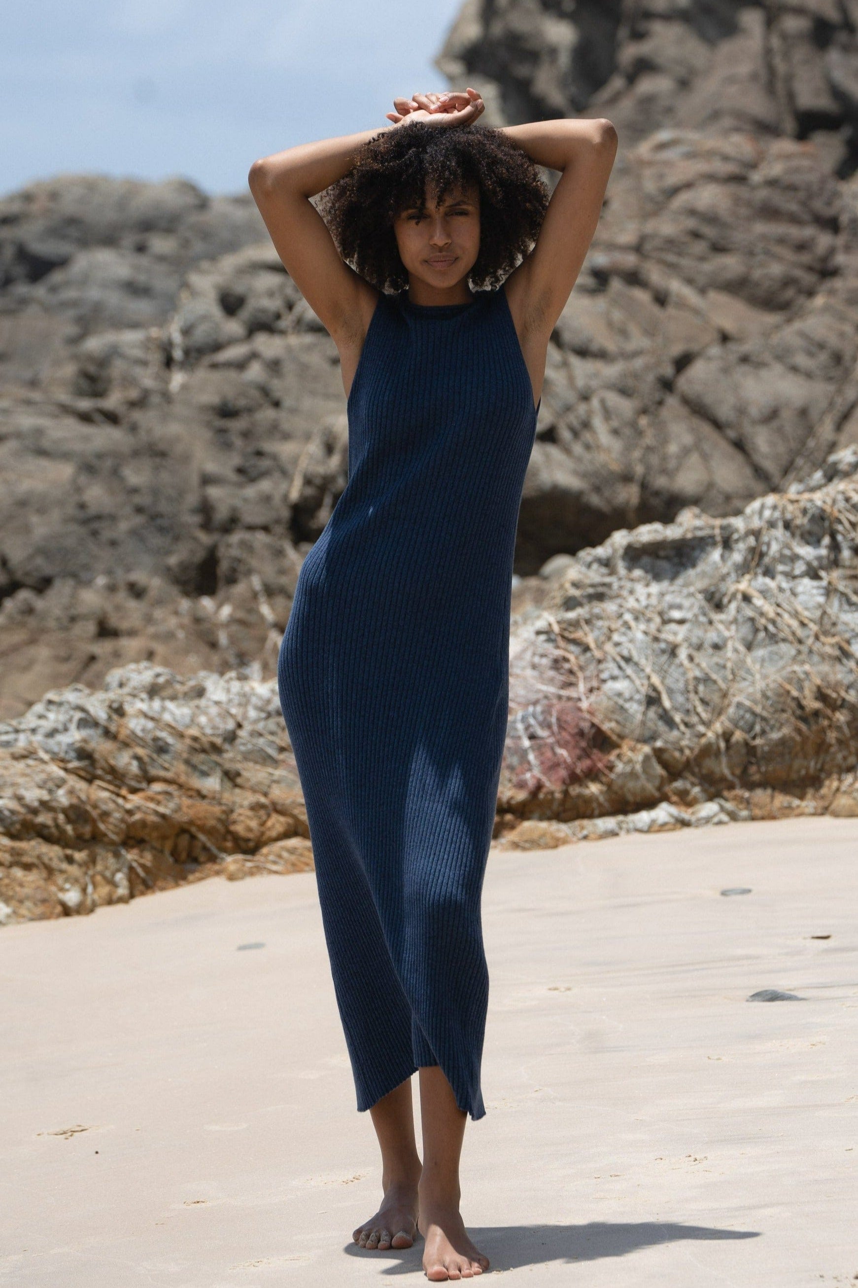 Lilly Pilly Collection Willow Knit dress made from Cotton Cashmere in Blue Marle