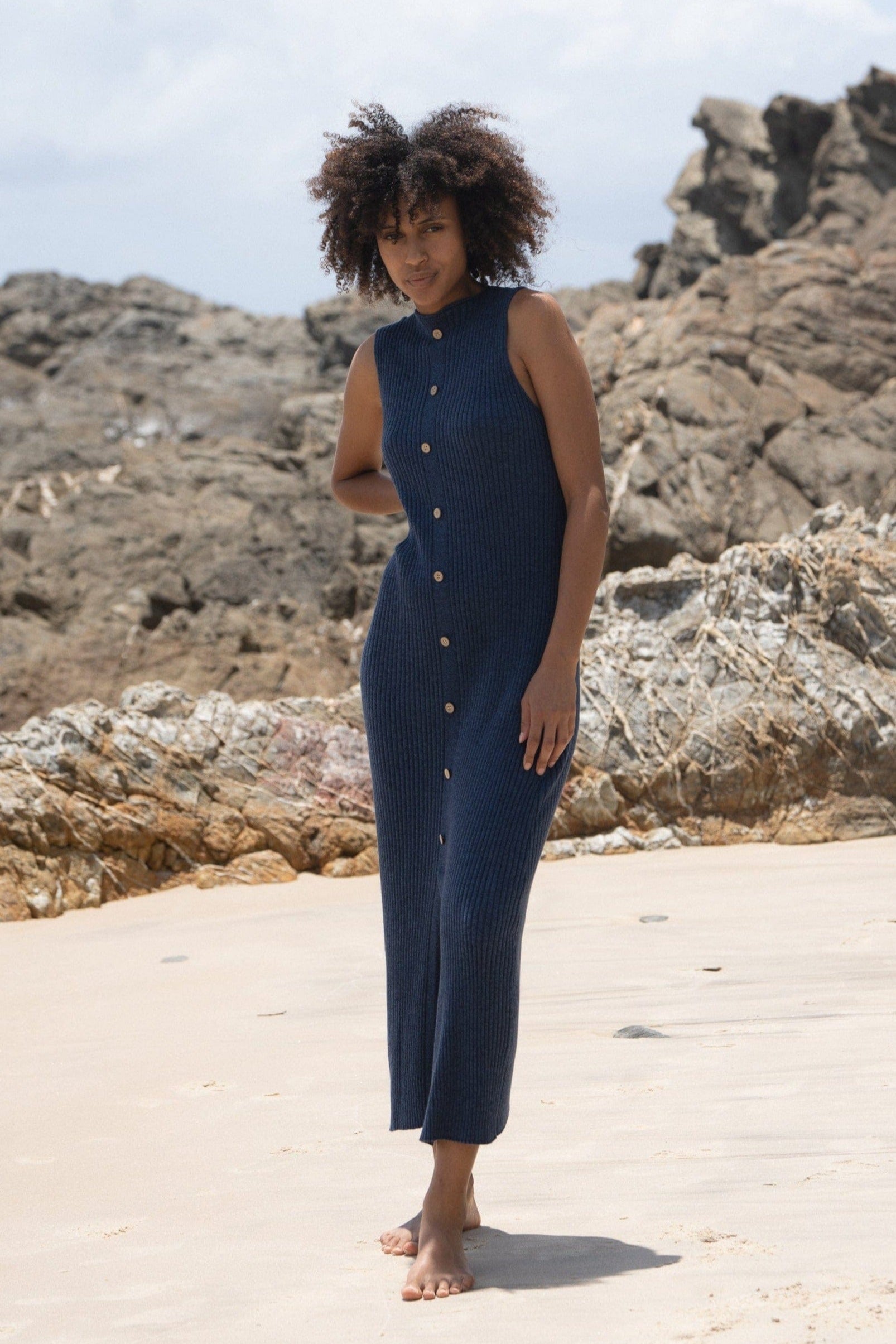 Lilly Pilly Collection Willow Knit dress made from Cotton Cashmere in Blue Marle