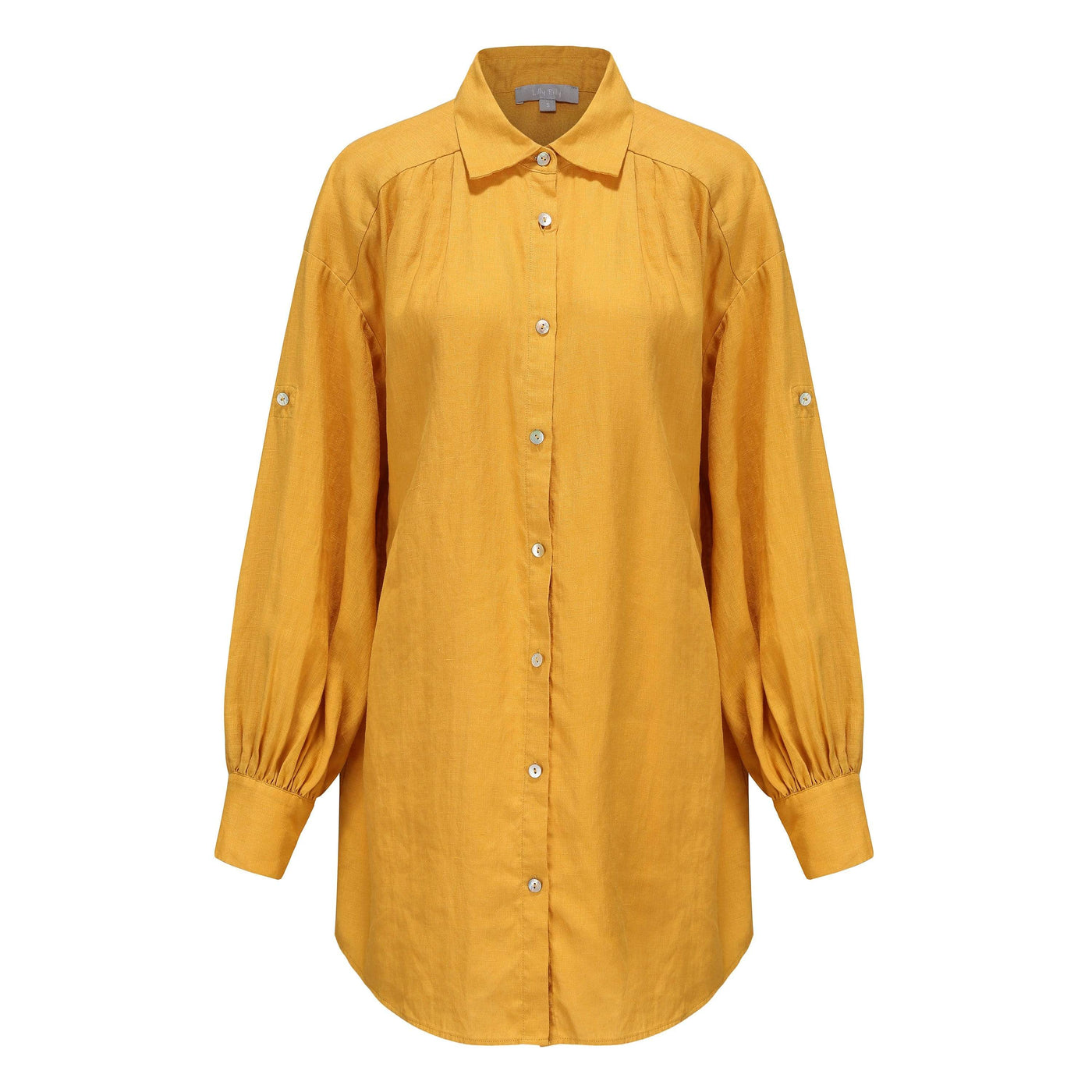 Lilly Pilly Collection 100% organic linen Billie Shirt Dress in Sunflower as 3D image showing front view