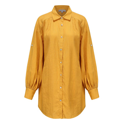 Lilly Pilly Collection 100% organic linen Billie Shirt Dress in Sunflower as 3D image showing front view