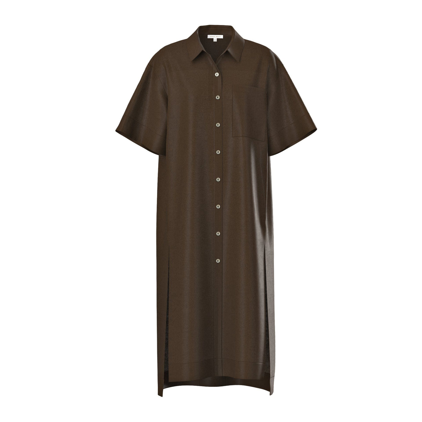 LILLY PILLY Collection Carly shirt made from 100% Organic linen in Chocolate, as 3D model showing front view