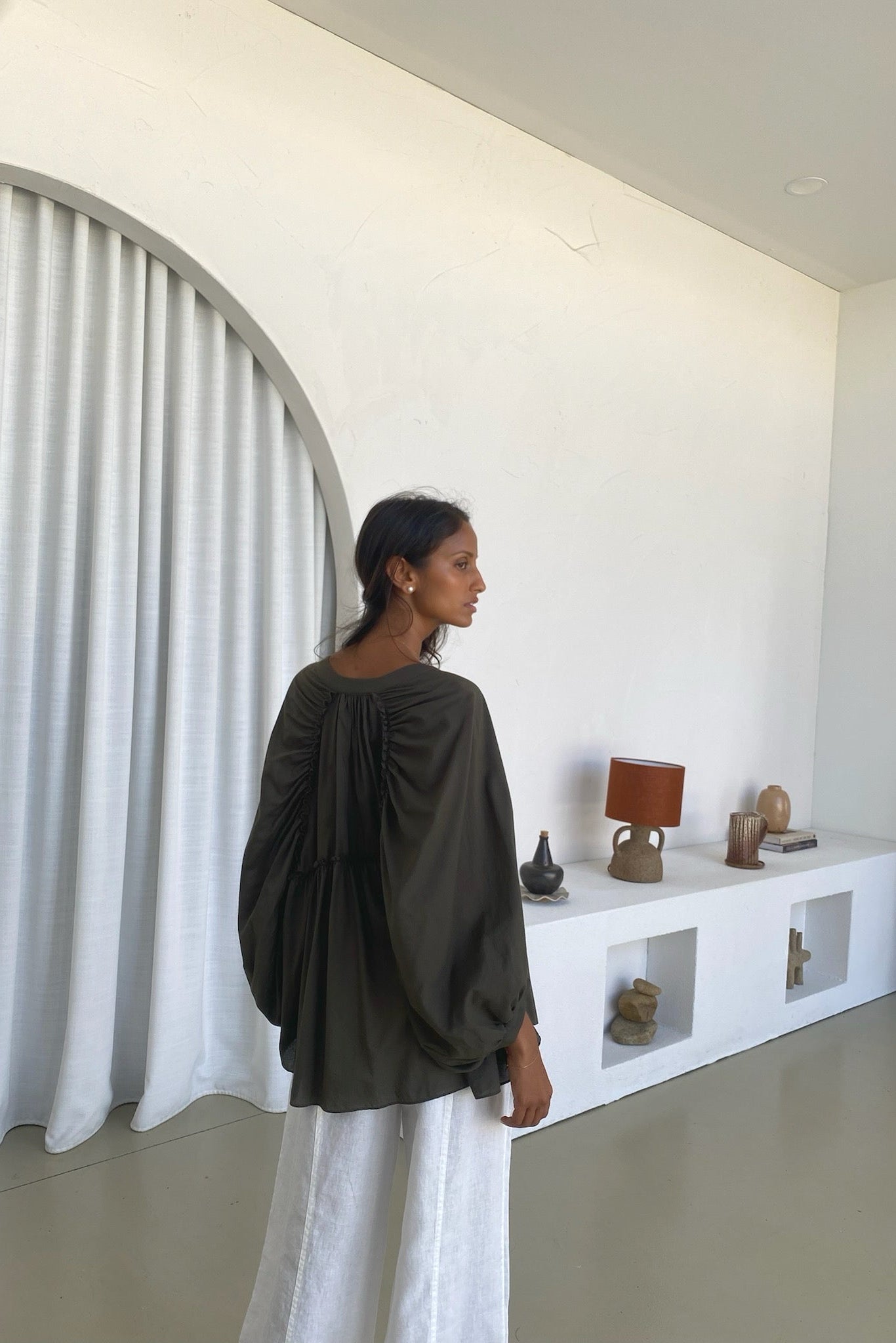 THALIA KHAKI COTTON VOILE SHIRT