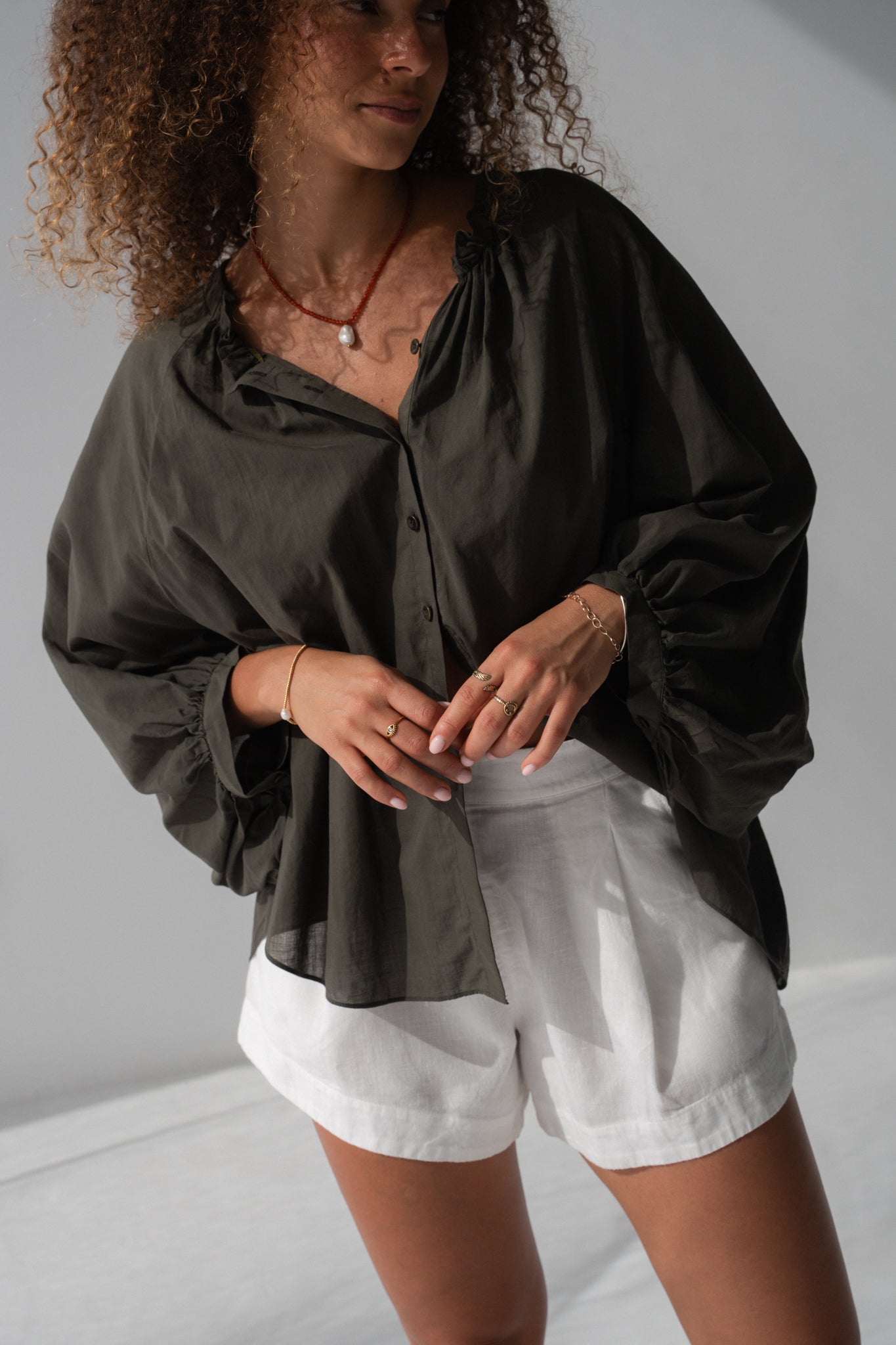 THALIA KHAKI COTTON VOILE SHIRT