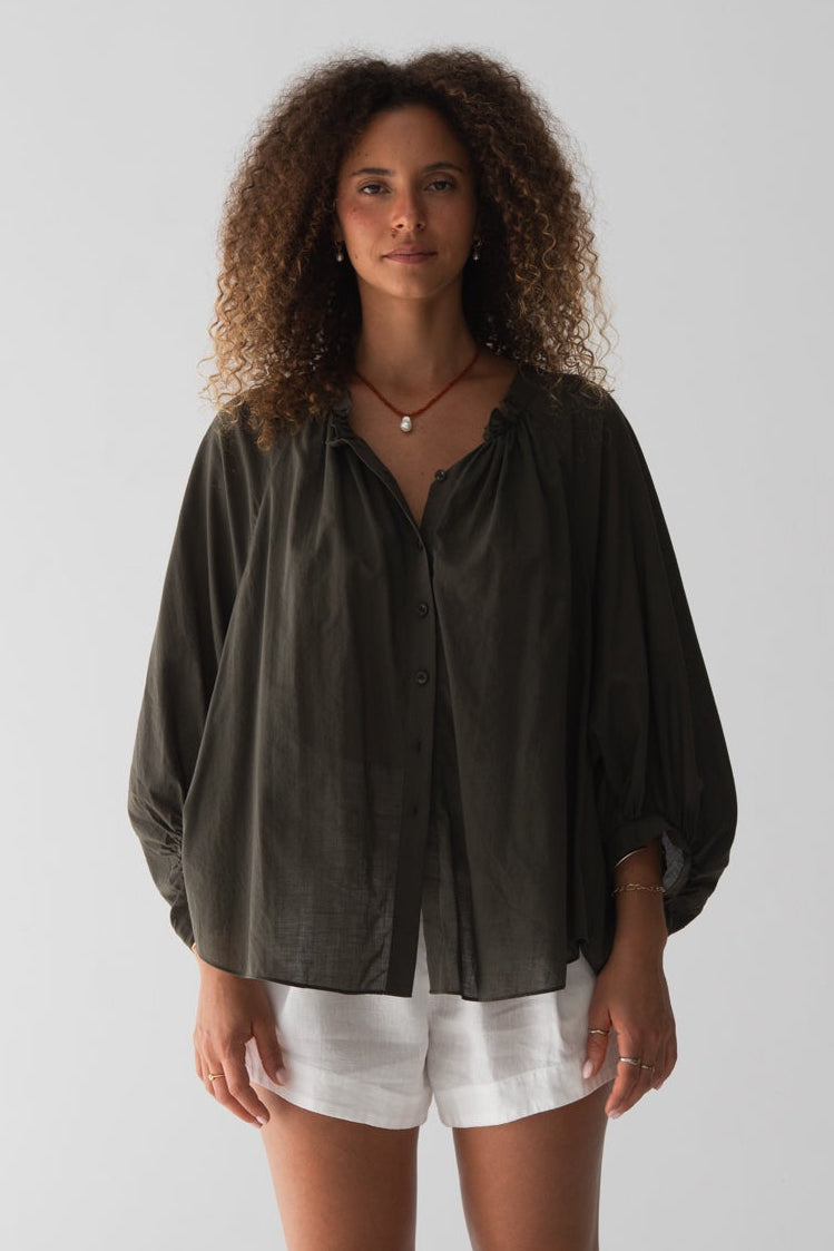 THALIA KHAKI COTTON VOILE SHIRT