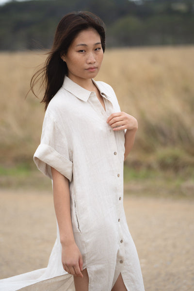 LILLY PILLY Collection Carly shirt made from 100% Organic linen in Oatmeal