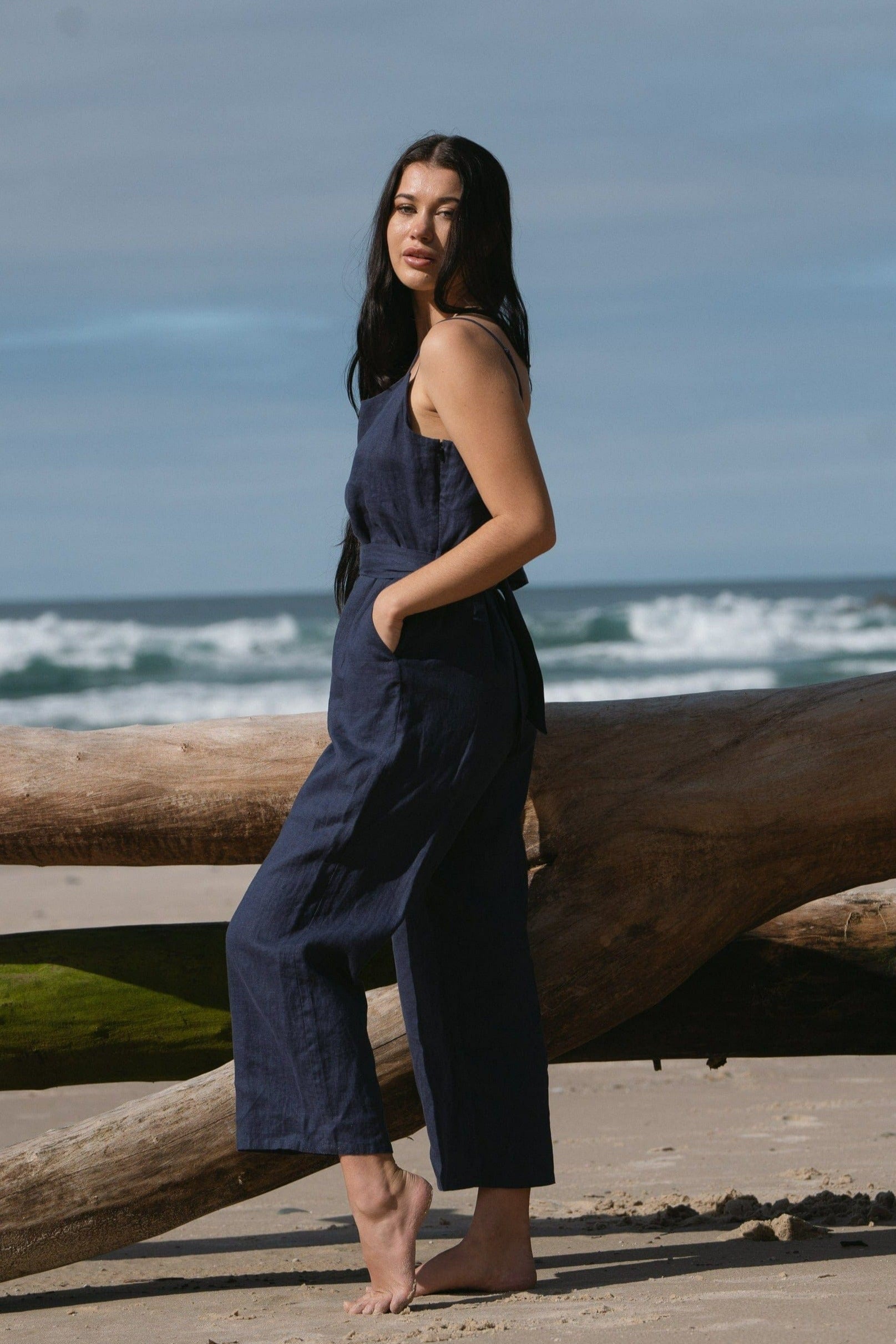 Navy linen jumpsuit clearance