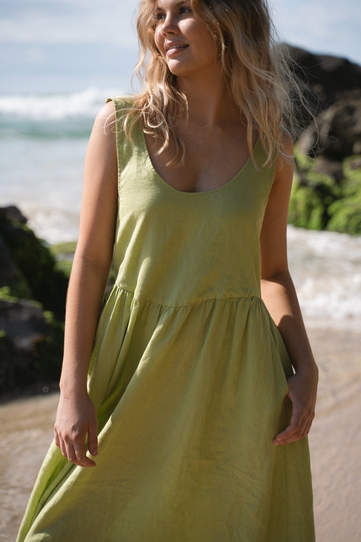 Lilly Pilly Collection Frida dress made from 100% Organic linen in Lemongrass