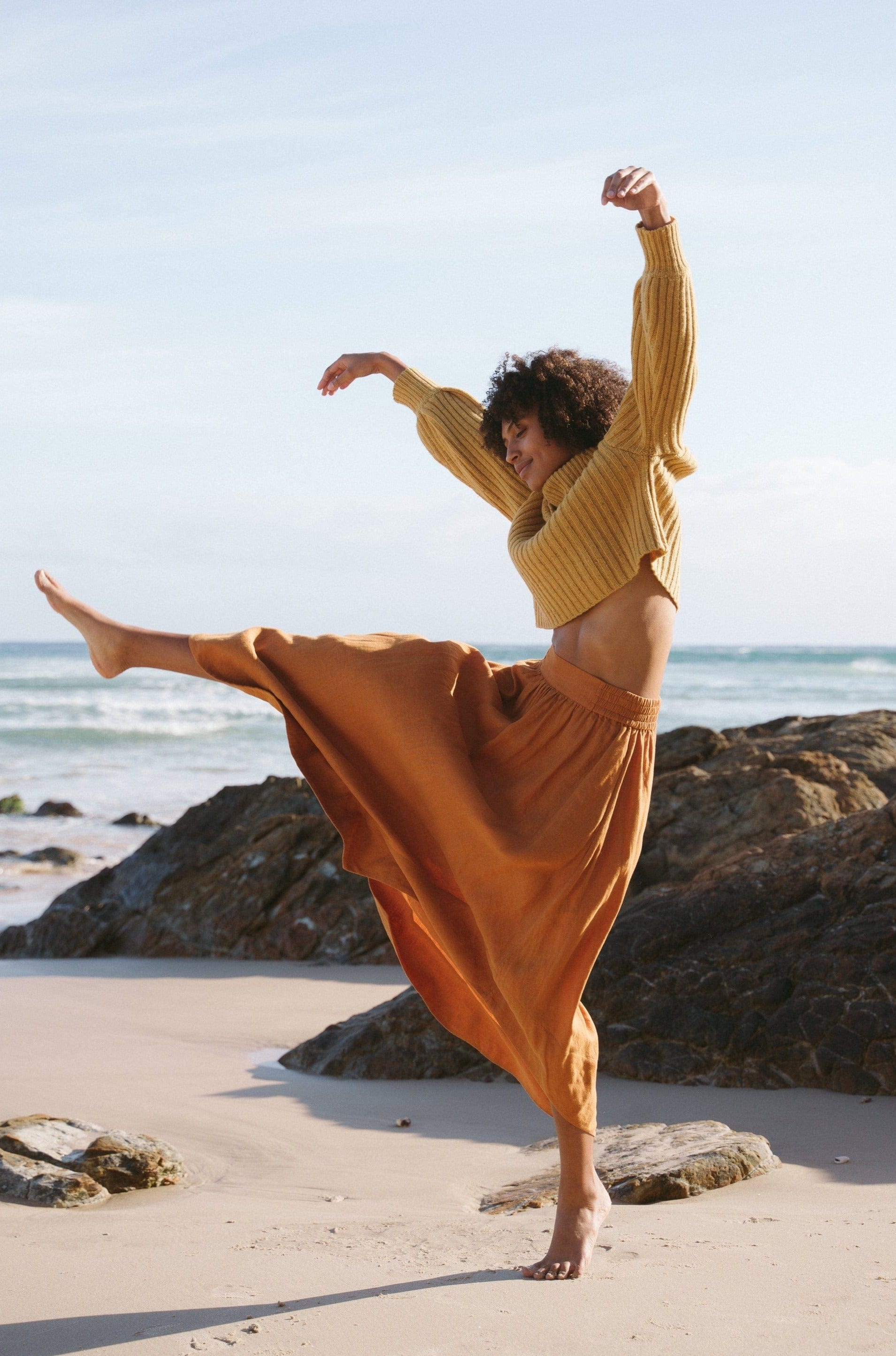 Lilly Pilly Collection Hannah skirt made from 100% Organic linen in Cinnamon paired with Arya merino wool knitwear in Sunflower Speckle