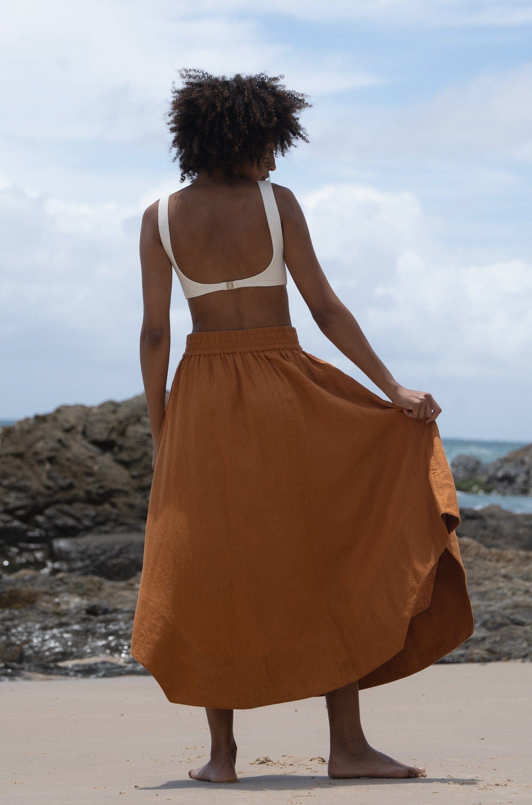 Lilly Pilly Collection Hannah skirt made from 100% Organic linen in Cinnamon - back