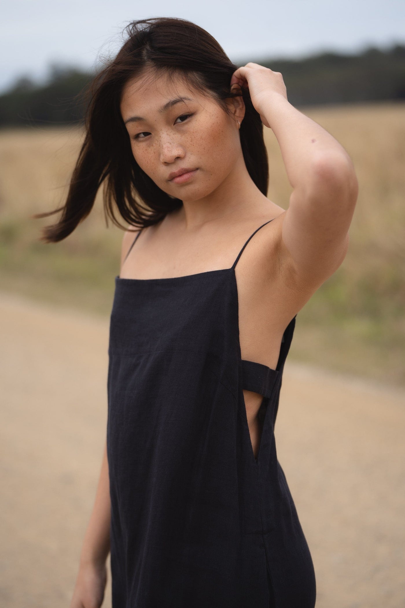 Lilly Pilly Collection 100% organic linen Kai slip dress in Navy