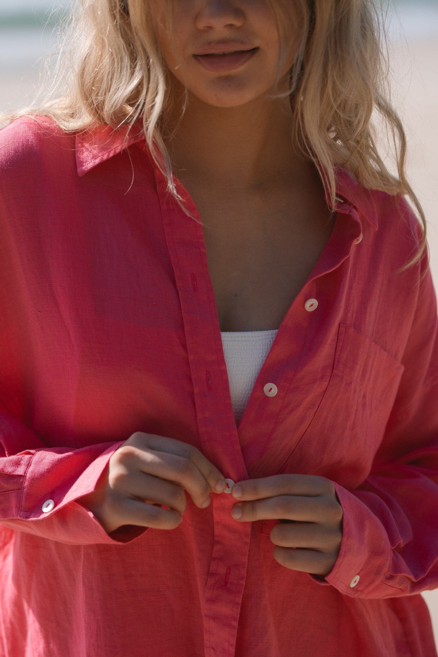 Lilly Pilly Collection Kirra shirt made from 100% Organic linen in Watermelon
