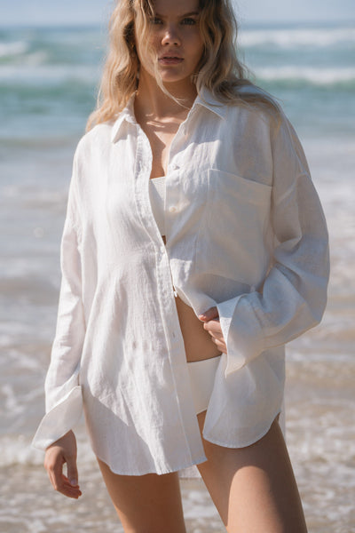 Lilly Pilly Collection Kirra shirt made from 100% Organic linen in Ivory