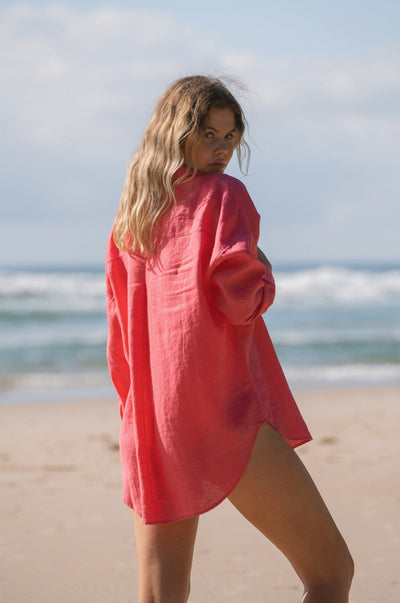 Lilly Pilly Collection Kirra shirt made from 100% Organic linen in Watermelon