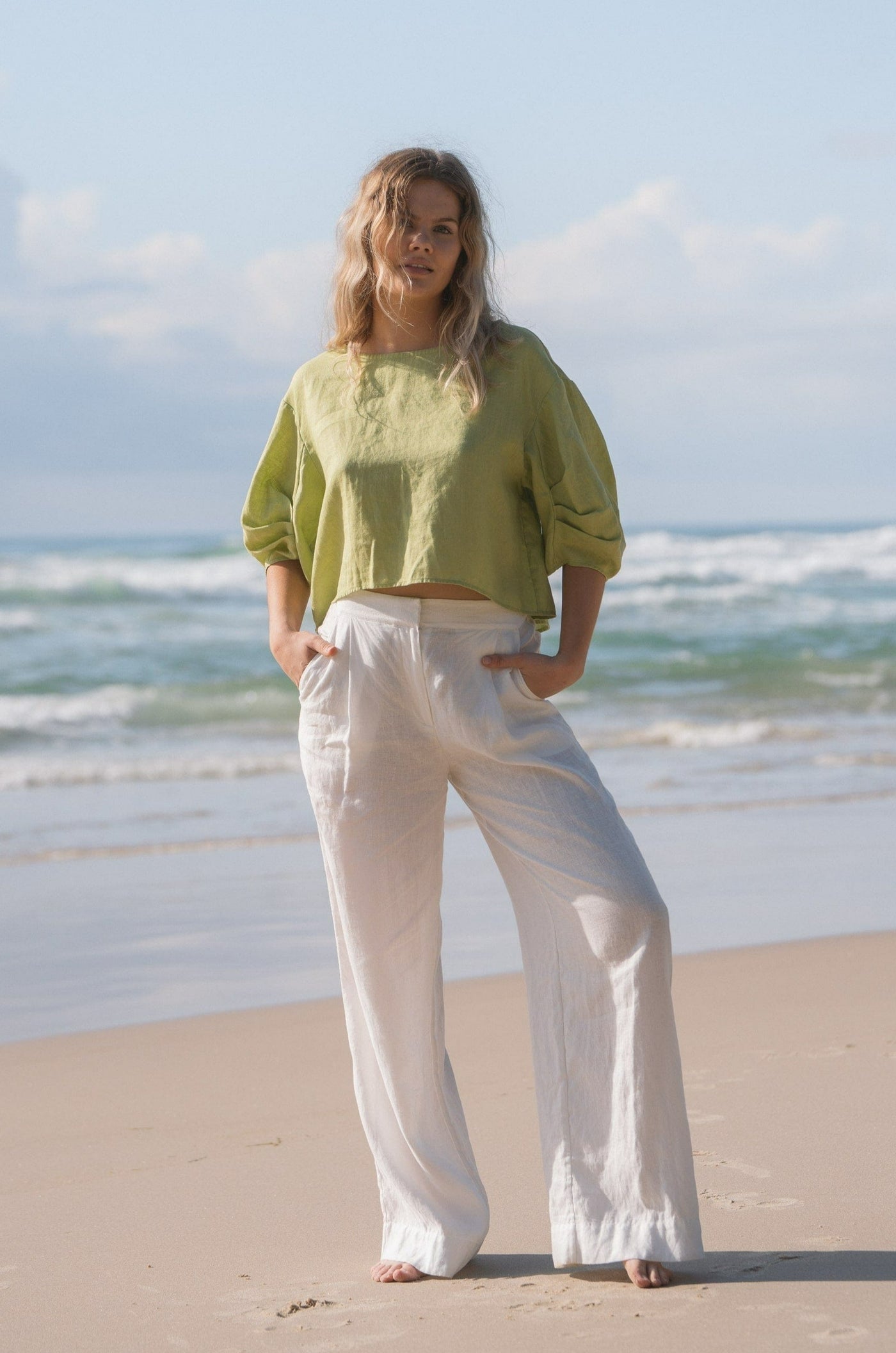 Lilly Pilly Collection 100% organic linen Leia Top in Lemongrass