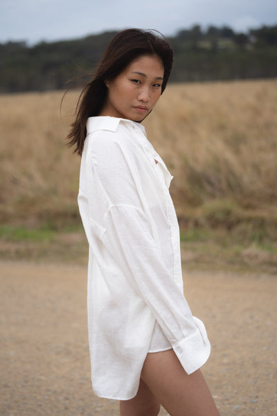 Lilly Pilly Collection Kirra shirt made from 100% Organic linen in Ivory