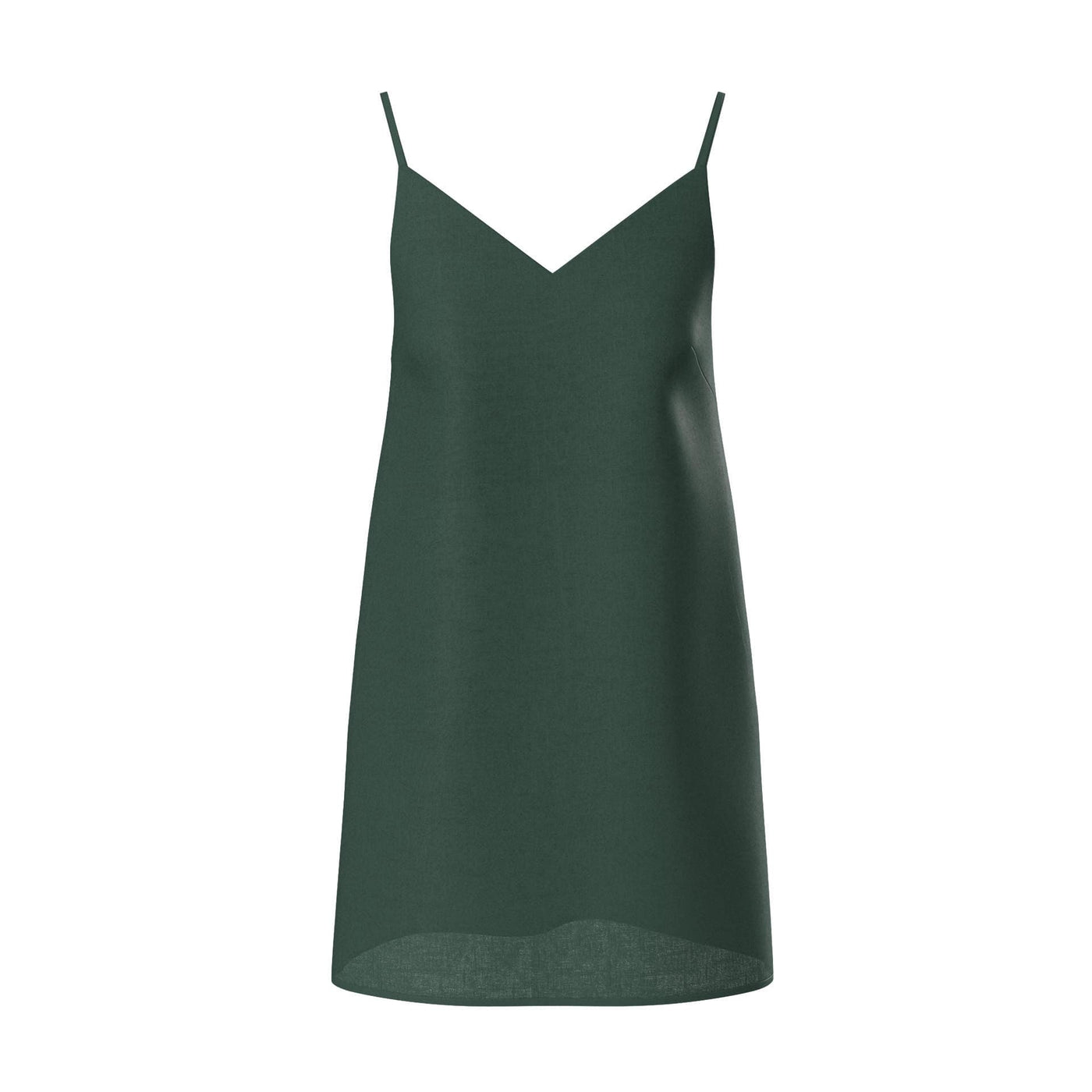 Lilly Pilly Collection 100% organic linen Liz slip dress in Bottle Green as 3D model showing front view