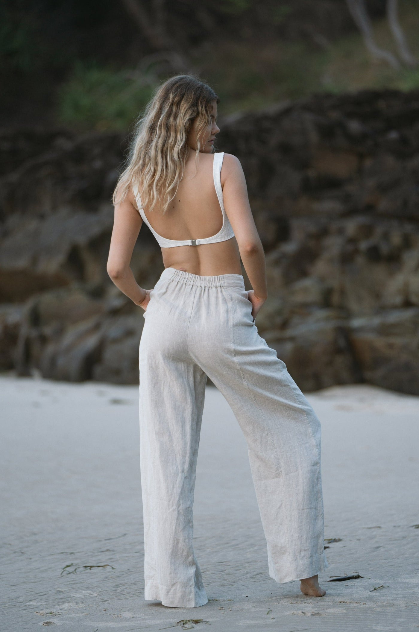 Lilly Pilly Collection Oli pants made from 100% Organic linen in Oatmeal