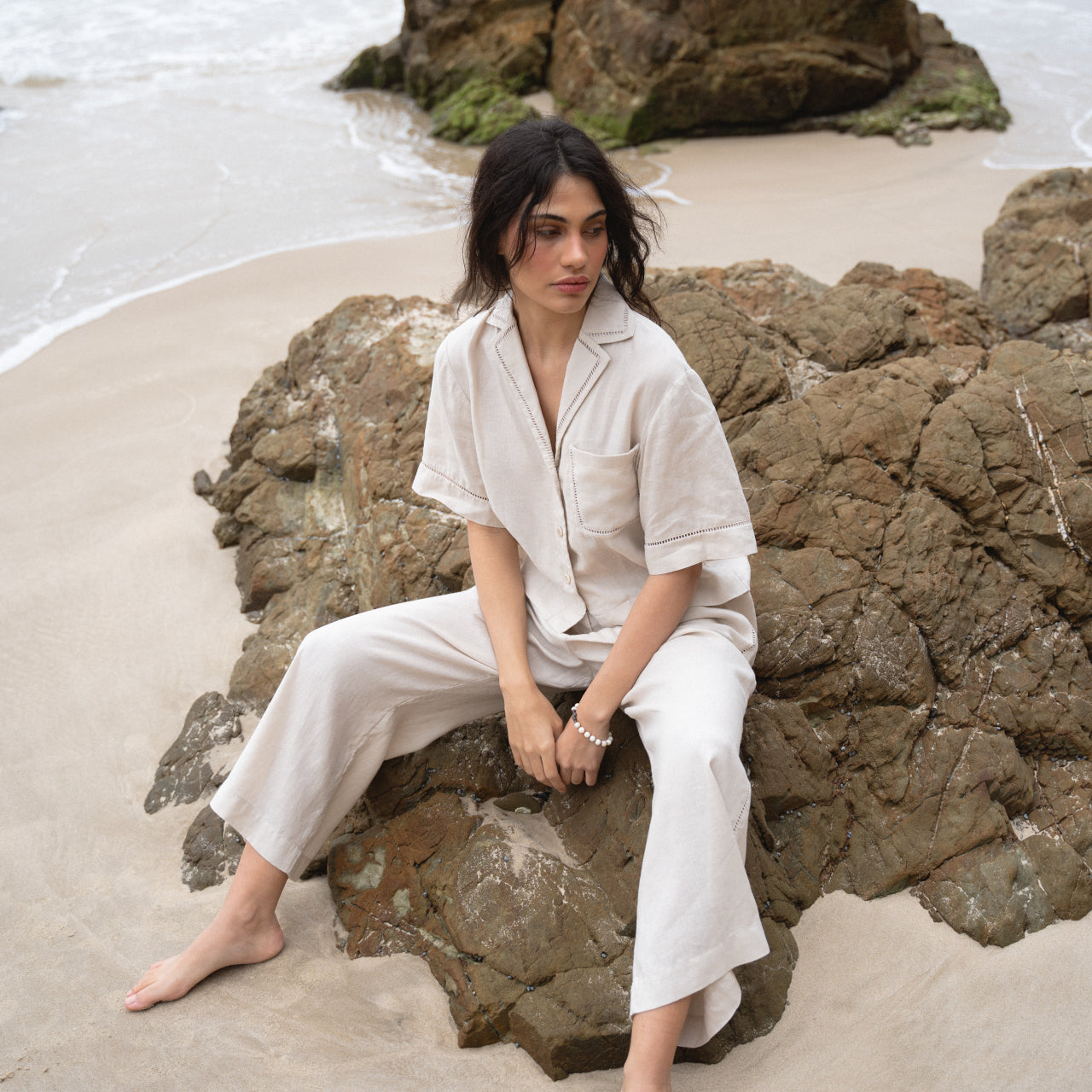 LILLY PILLY Quinn linen shirt top paired with Rika linen pants in Chalk