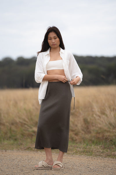 LILLY PILLY Collection Riley Bias Linen Skirt made from 100% organic linen in Khaki