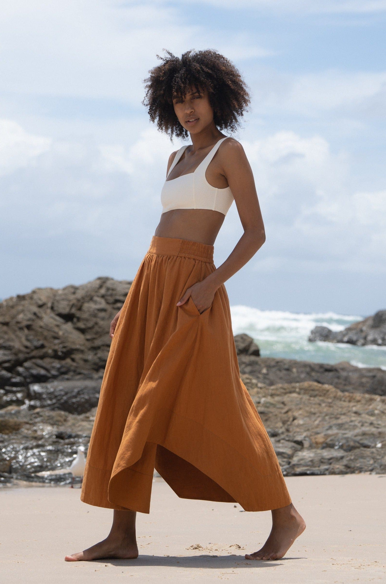 Lilly Pilly Collection Hannah skirt made from 100% Organic linen in Cinnamon side