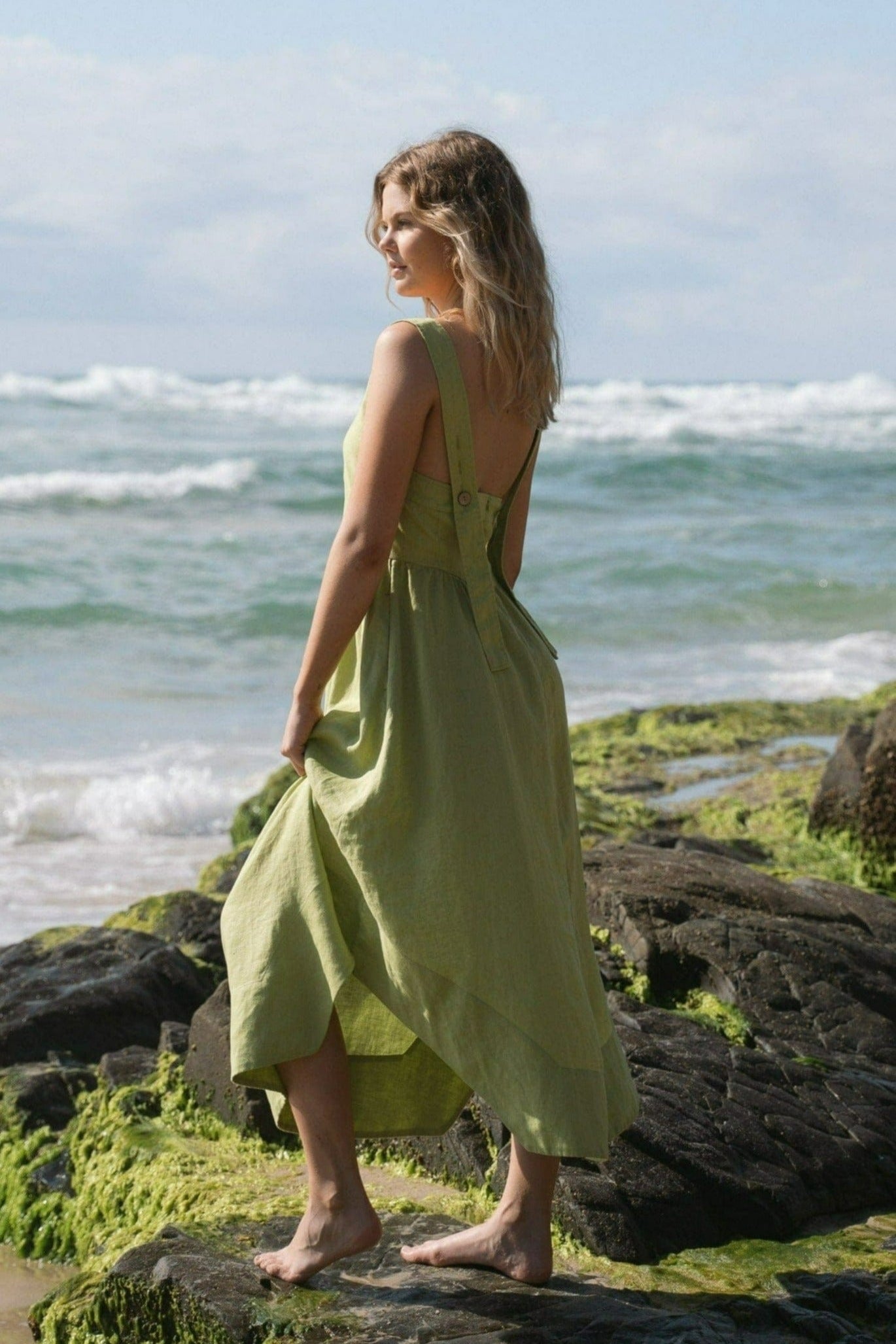Lilly Pilly Collection Frida dress made from 100% Organic linen in Lemongrass