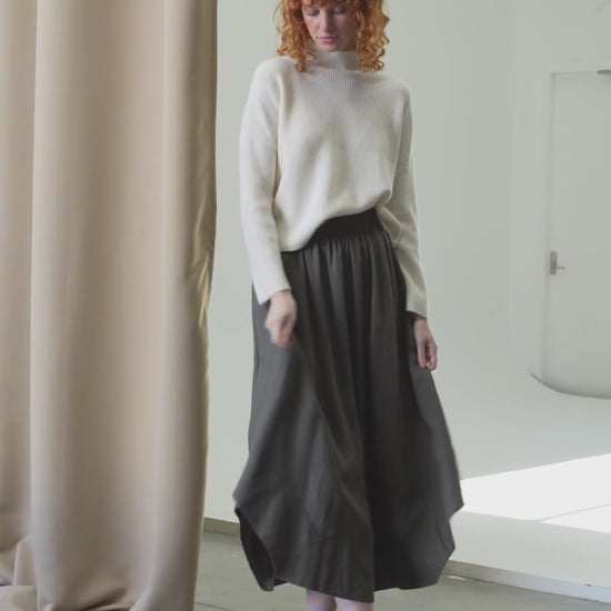 LILLY PILLY Hannah linen skirt in Khaki and Lumi knit in Ivory