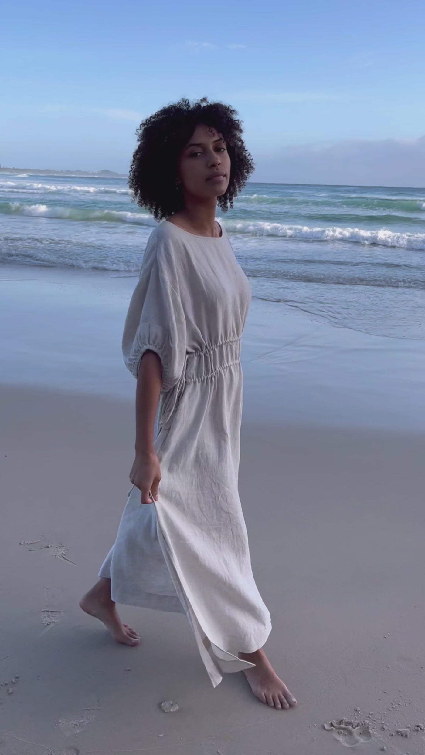 Video of Lilly Pilly Collection Valerie dress made from 100% Organic linen in Oatmeal