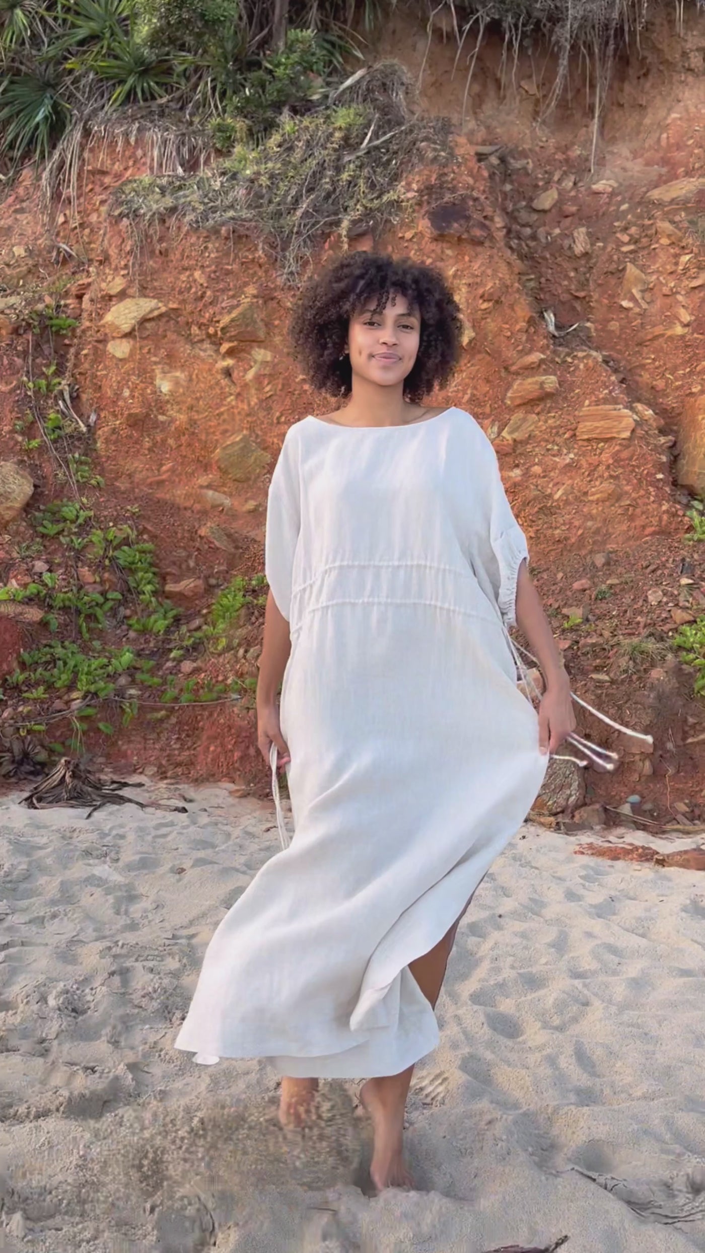 Video of Lilly Pilly Collection Valerie dress made from 100% Organic linen in Oatmeal