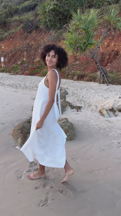 Video of Lilly Pilly Collection Frida dress made from 100% Organic linen in Ivory