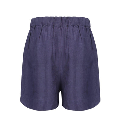 Lilly Pilly Collection 100% organic linen shorts in Denim Blue, as a 3D image showing back view