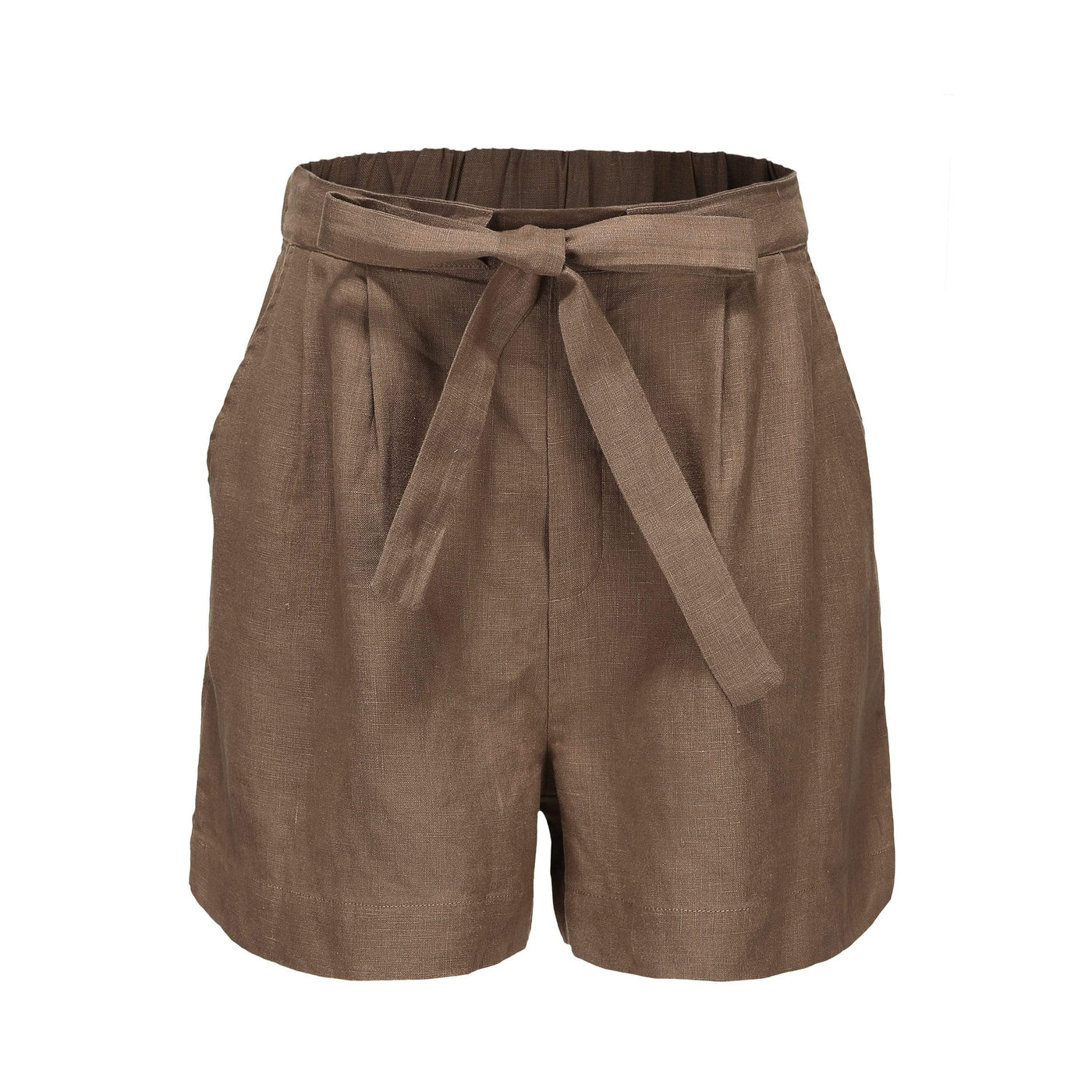 Lilly Pilly Collection 100% organic linen shorts in Dark Earth as a 3D ghost image front view