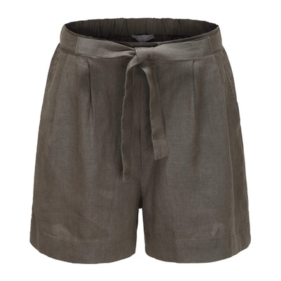 Lilly Pilly Collection 100% organic linen shorts in Khaki as 3D image front view