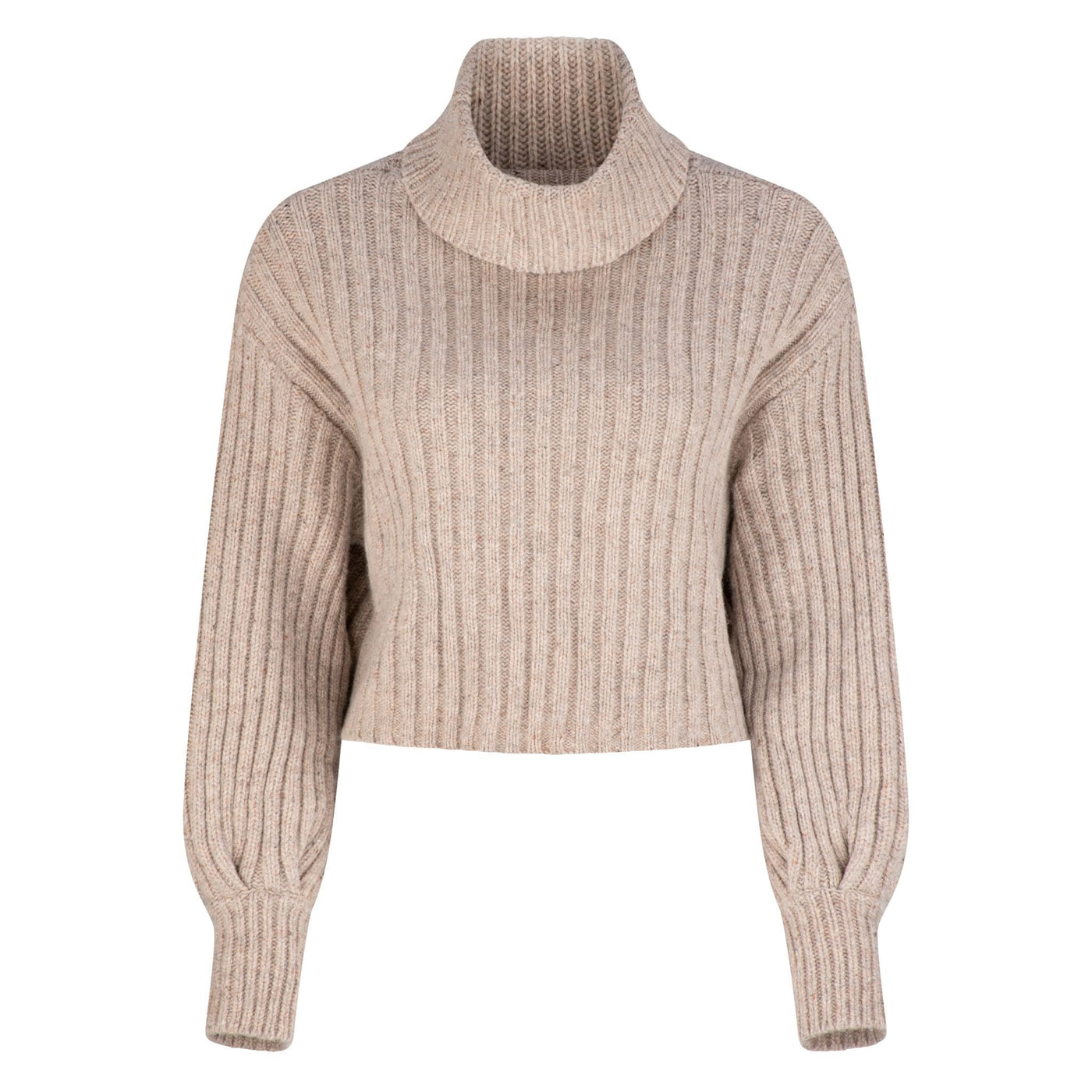 LILLY PILLY Collection 100% Extra-fine Merino wool knitted pull over top in Oatmeal Speckle. 3D model showing front view of knitwear.