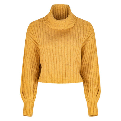 LILLY PILLY Collection 100% Extra-fine Merino wool knitted pull over top in Sunflower Speckle. 3D model showing front view of knitwear.