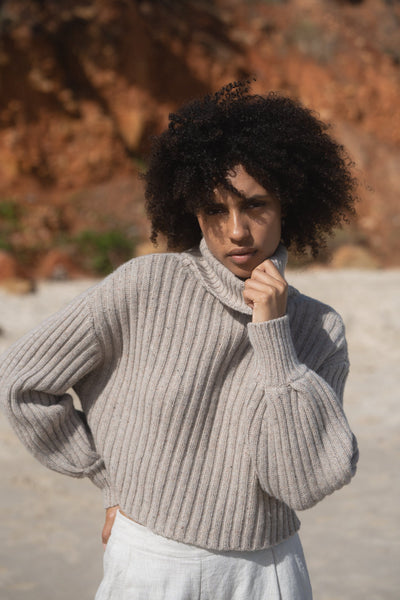 LILLY PILLY Collection Arya Knitwear top made from 100% Merino wool in Oatmeal Speckle
