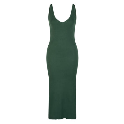 Lilly Pilly Collection Bella Knit dress made from Cotton Cashmere in Bottle Green. 3D image showing front view.