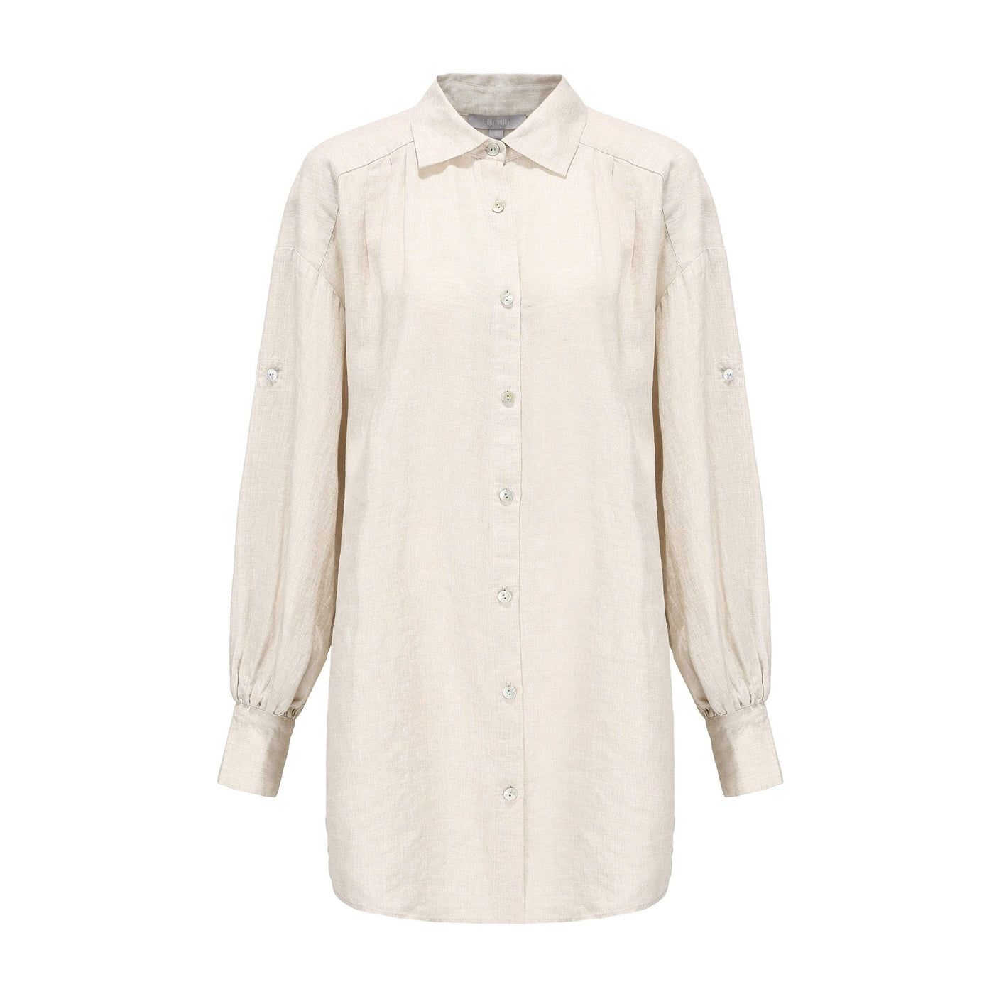 Lilly Pilly Collection 100% organic linen Billie Shirt Dress in Oatmeal as 3D image showing front view
