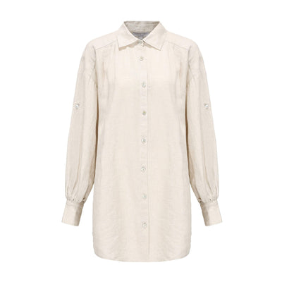 Lilly Pilly Collection 100% organic linen Billie Shirt Dress in Oatmeal as 3D image showing front view