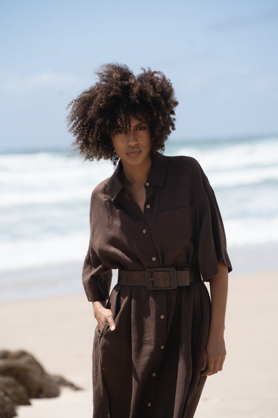LILLY PILLY Collection Carly shirt made from 100% Organic linen in Chocolate