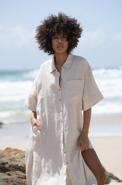 LILLY PILLY Collection Carly shirt made from 100% Organic linen in Oatmeal