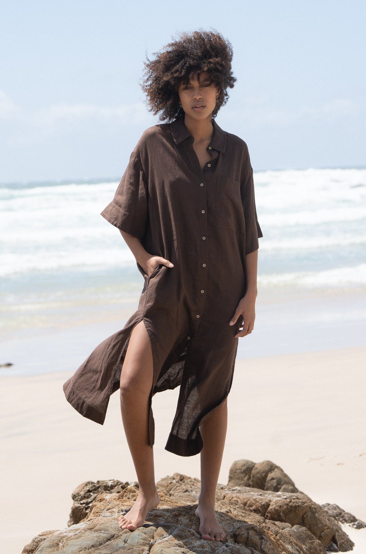 LILLY PILLY Collection Carly shirt made from 100% Organic linen in Chocolate