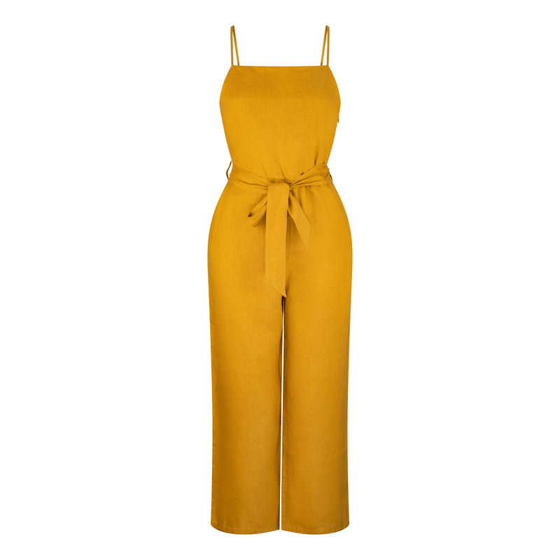 Lilly Pilly Collection organic linen Chloee Jumpsuit in Mustard . View from front of 3D model